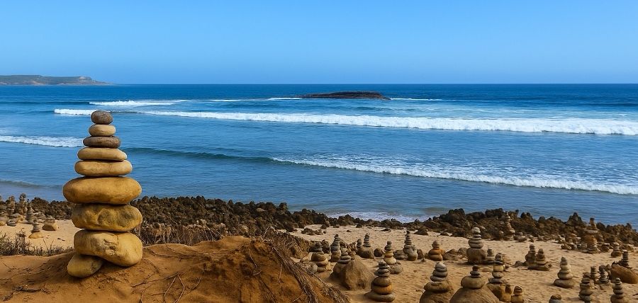Foto zu Vertikales Atmen Seminare. Aufeinander liegende Steine. Ein Strand in Porugal